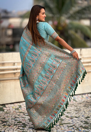 Sky Blue Pashmina Kashmiri Silk Zari Woven Saree