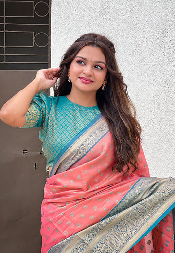 Peach Kanjivaram Tissue Silk Traditional Zari Woven Saree