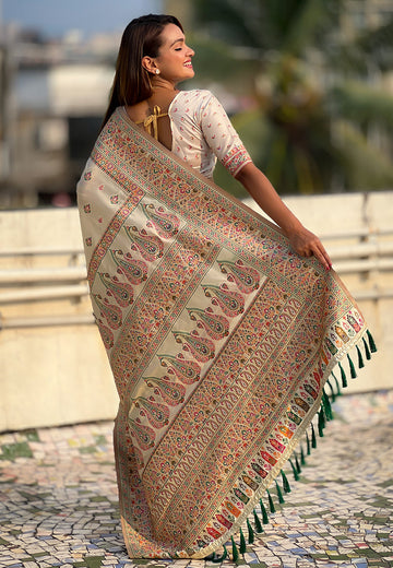 Cream Pashmina Kashmiri Silk Zari Woven Saree