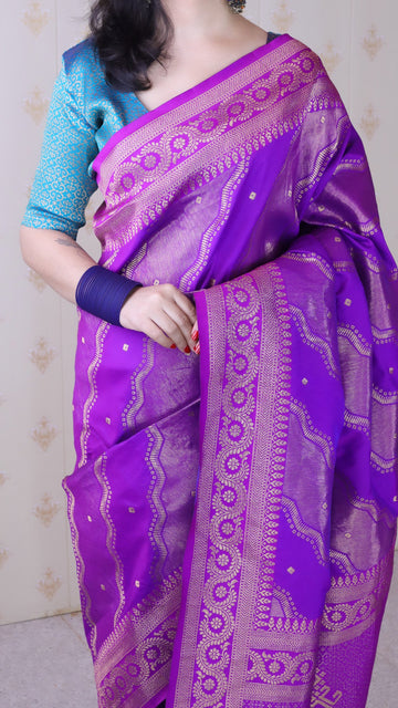 Purple Soft Silk Bandhani Leheriya Zari Woven Saree