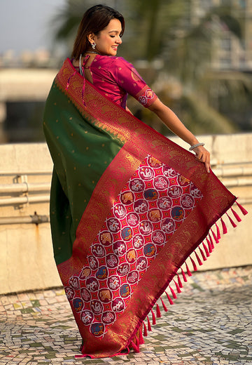 Mehendi Green Pure Tissue Zari Woven Patola Saree with Contrast Weaves