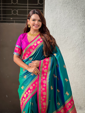 Green Soft Silk Pichwai Traditional Zari Woven Saree