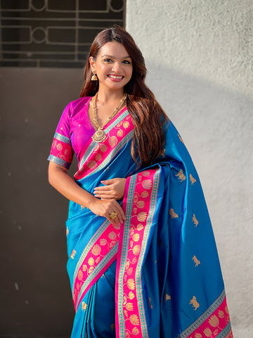 Blue Soft Silk Pichwai Traditional Zari Woven Saree