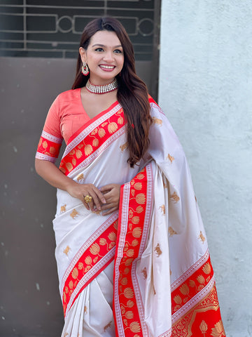 Cream Soft Silk Pichwai Traditional Zari Woven Saree