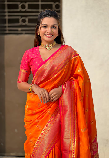 Orange Zari Woven Nath Contrast Yeola Paithani Silk Saree