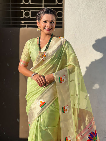 Pista Green Organza Swan Paithani Silk Zari Woven Saree
