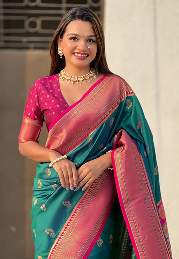 Green Zari Woven Nath Contrast Yeola Paithani Silk Saree