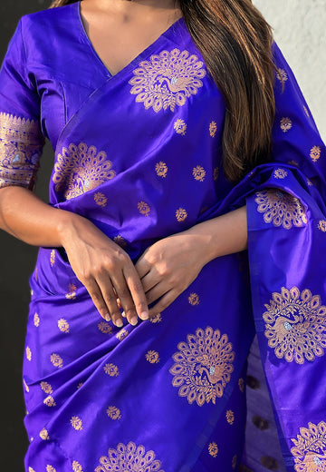 Violet Soft Silk Dual Zari Woven Saree with Peacock Border