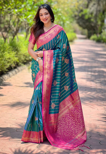 Bottle Green Soft Silk Contrast Zari Woven Saree