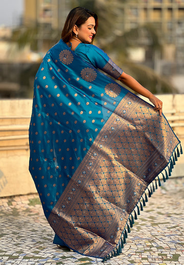 Blue Soft Silk Dual Zari Woven Saree with Peacock Border