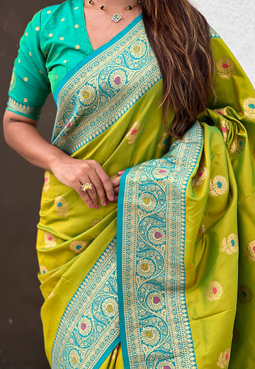 Mehendi Green Soft Silk Saree with Sunflower Butta Meenakari Zari Woven Saree