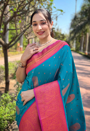 Teal Blue Soft Silk Contrast Gold Zari Woven Saree
