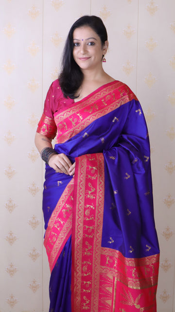 Violet Soft Silk Zari Woven Warli Art Traditional Saree