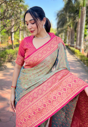 Grey Pure Tissue Zari Woven Saree with Contrast Weaves
