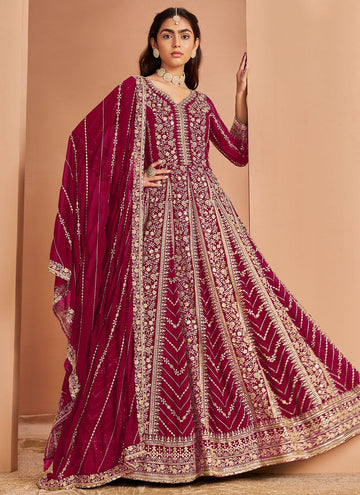 Maroon Faux Georgette Embroidered Indian Anarkali Suit