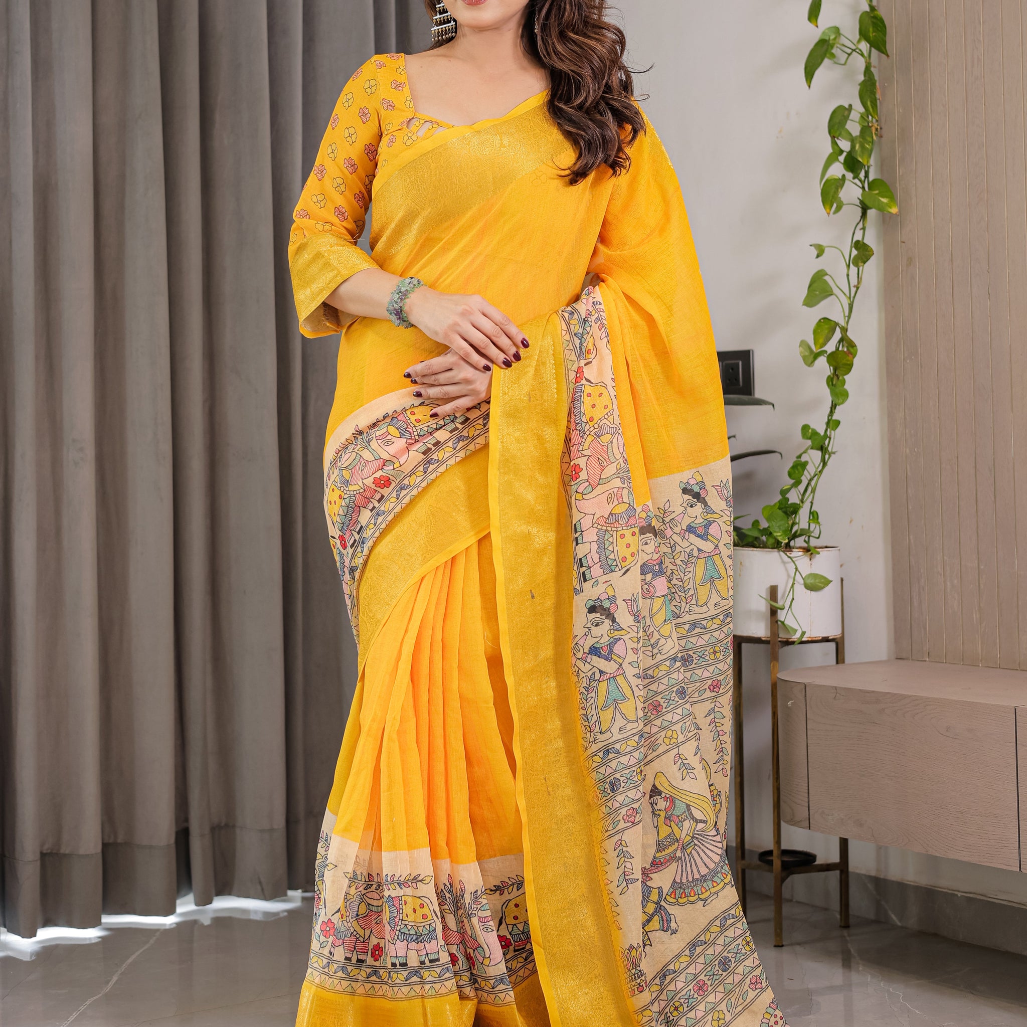 Sunshine Yellow Cotton Linen Saree with Madhubani Pallu & Zari Border | With Blouse Piece