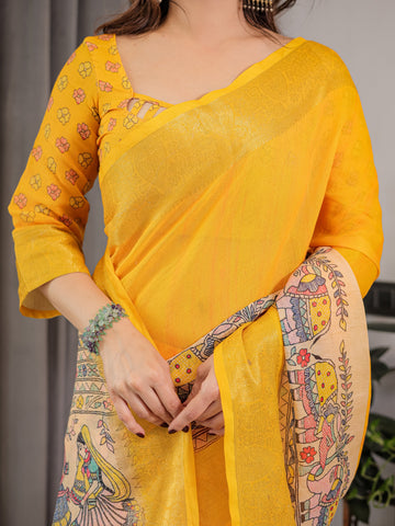 Sunshine Yellow Cotton Linen Saree with Madhubani Pallu & Zari Border | With Blouse Piece