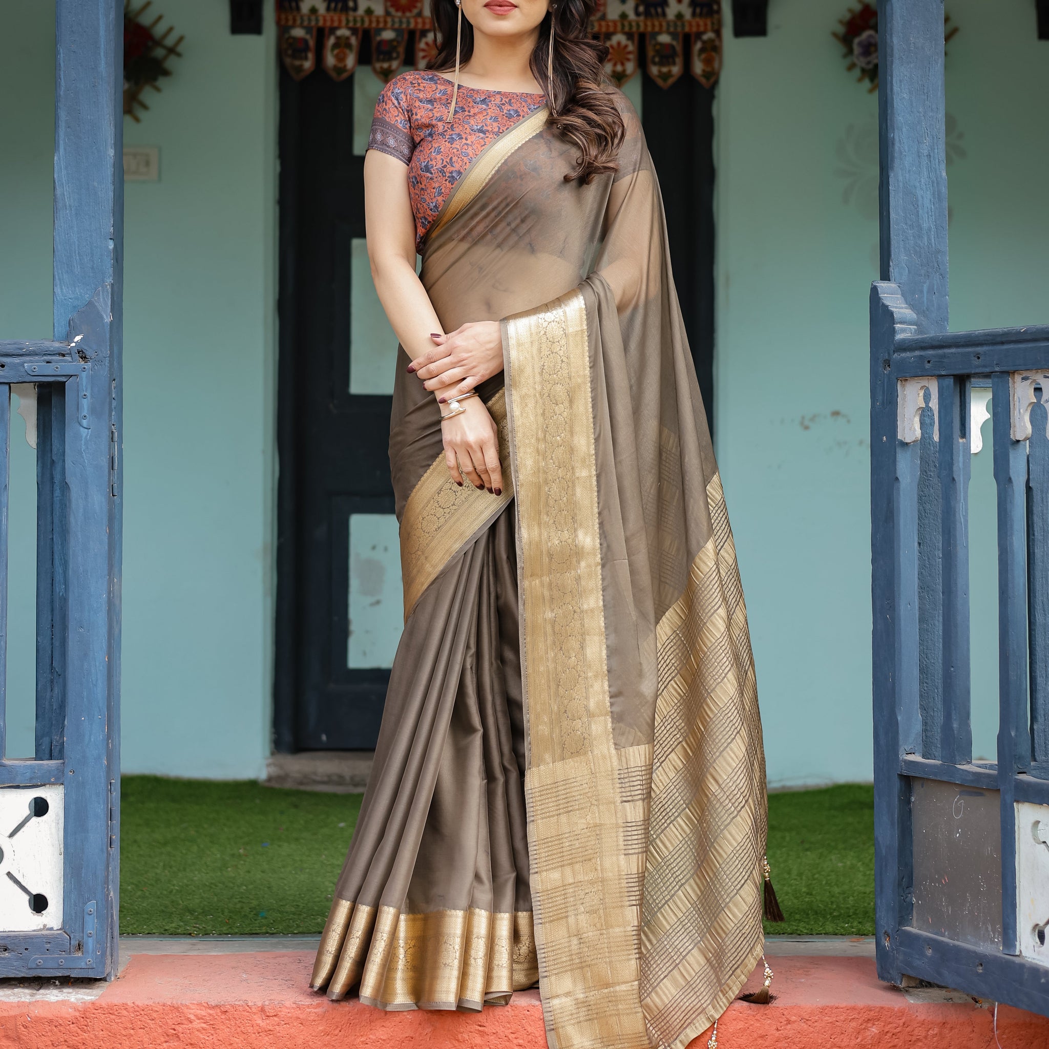 Elegant Olive Brown Plain Chiffon Saree with Gold Zari Border, Paisley Printed Blouse & Tassel Detailing