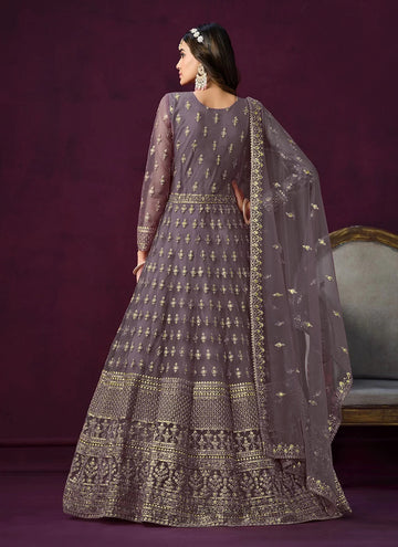 Net Embroidered Indian Anarkali suit In Purple