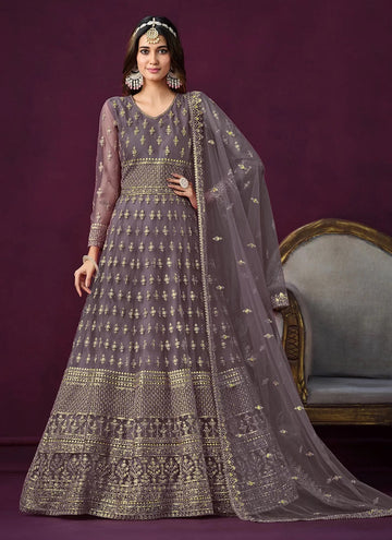 Net Embroidered Indian Anarkali suit In Purple