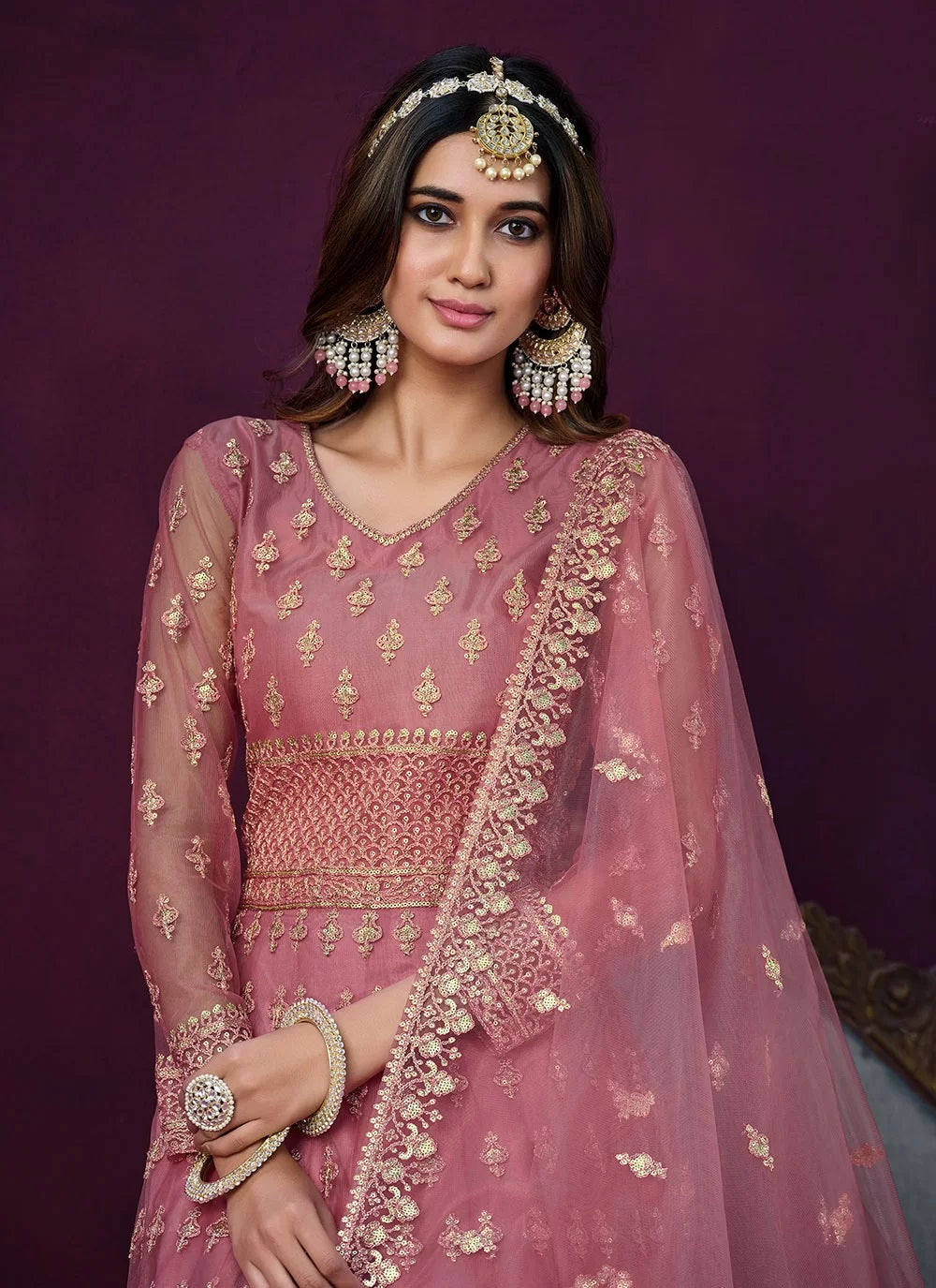 Pink Net Embroidered Indian Anarkali suit