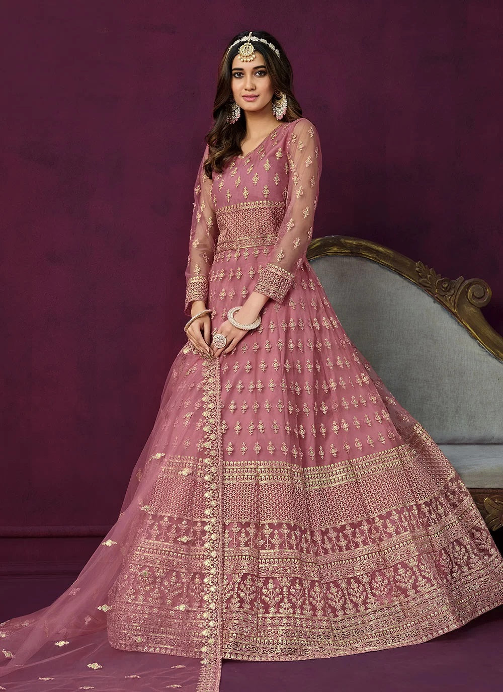 Pink Net Embroidered Indian Anarkali suit