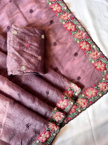 Wine Pure Crush Silk Multicolor Floral Designer Embroidered Saree