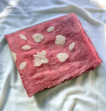 Coral Pink Pure Chanda Silk Applique Work Designer Saree