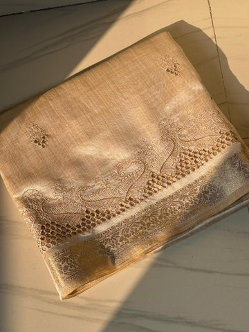 Chickoo Designer Tussar Silk Cutwork Chit Pallu Embroidered Saree