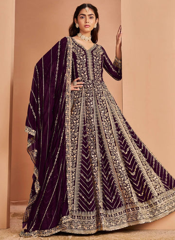 Wine Faux Georgette Embroidered Indian Anarkali Suit