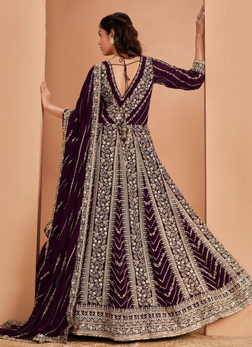 Wine Faux Georgette Embroidered Indian Anarkali Suit