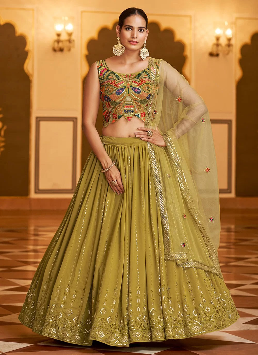 Adorable Embroidered Georgette Lehenga Choli In Green 