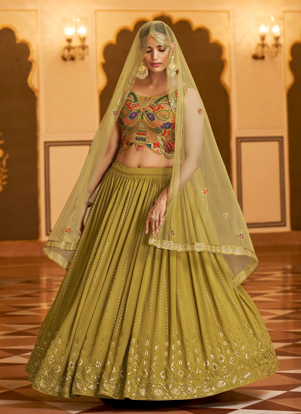 Adorable Embroidered Georgette Lehenga Choli In Green 