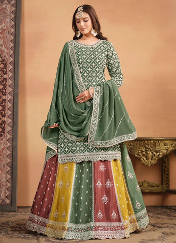 Traditional Green Chinnon Ebroidered Indian Lehenga Style Dress