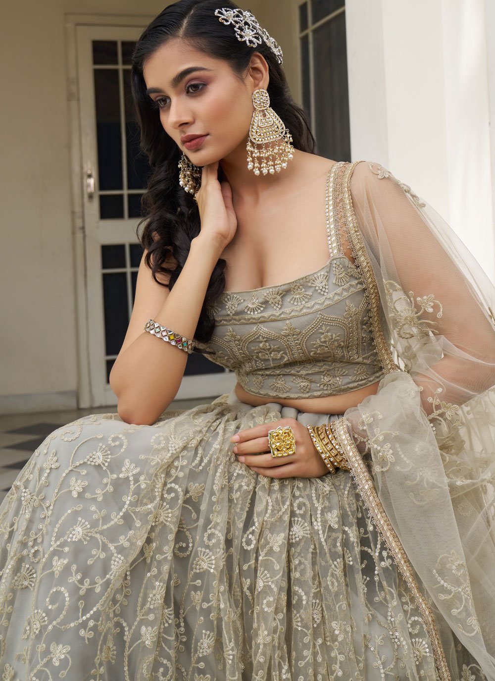 Designer Net Thread and sequins Work Indian Wear Lehenga