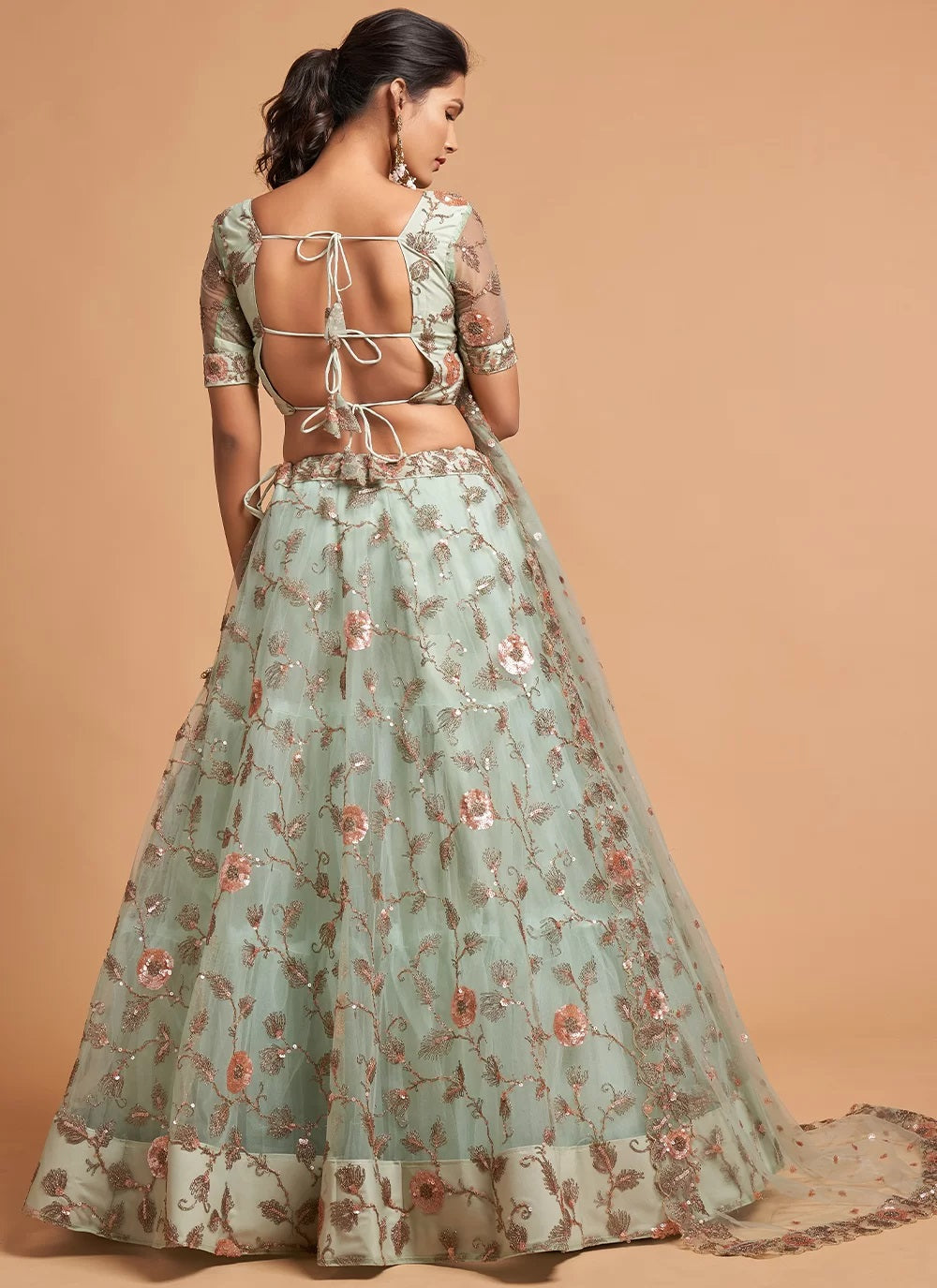 Aqua Blue Net A Line Dori Work Lehenga Choli