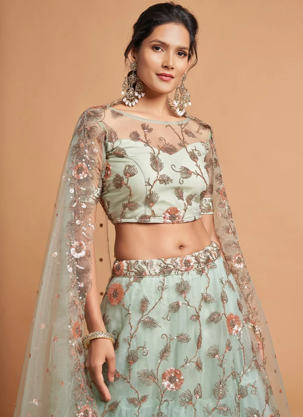 Aqua Blue Net A Line Dori Work Lehenga Choli