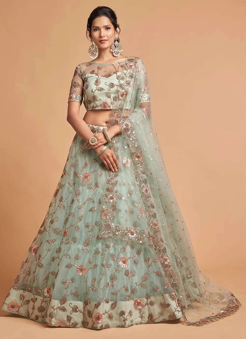 Aqua Blue Net A Line Dori Work Lehenga Choli