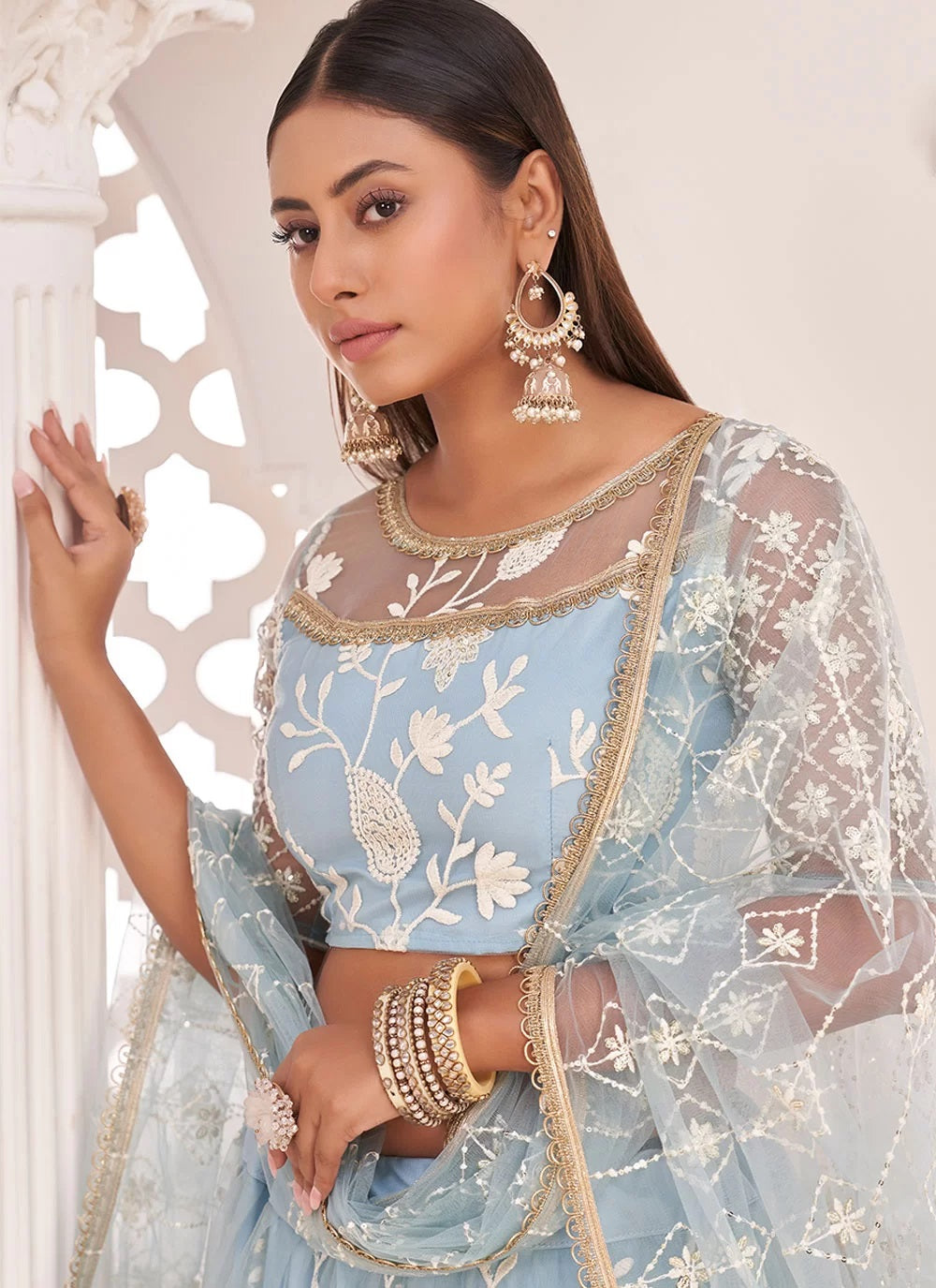 Aqua Blue Net Embroidered Trendy Lehenga Choli