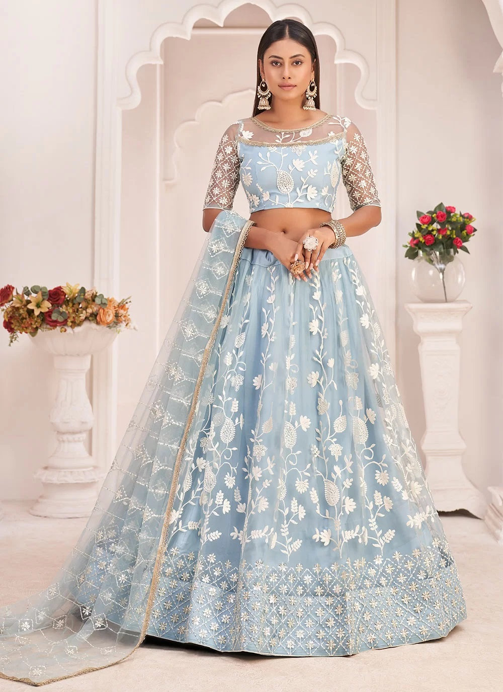 Aqua Blue Net Embroidered Trendy Lehenga Choli