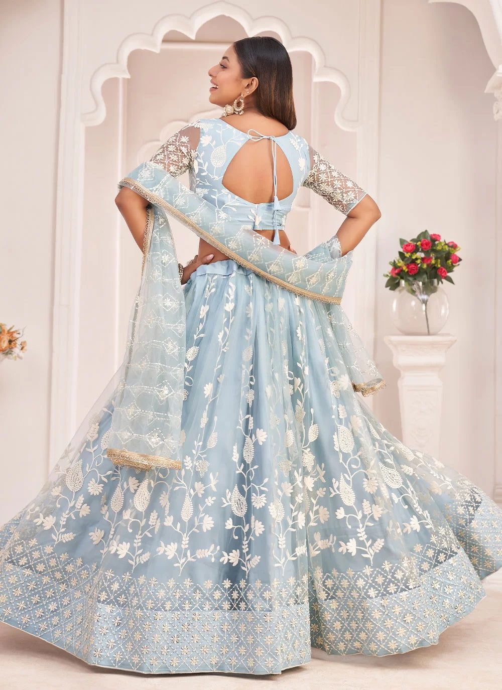 Aqua Blue Net Embroidered Trendy Lehenga Choli