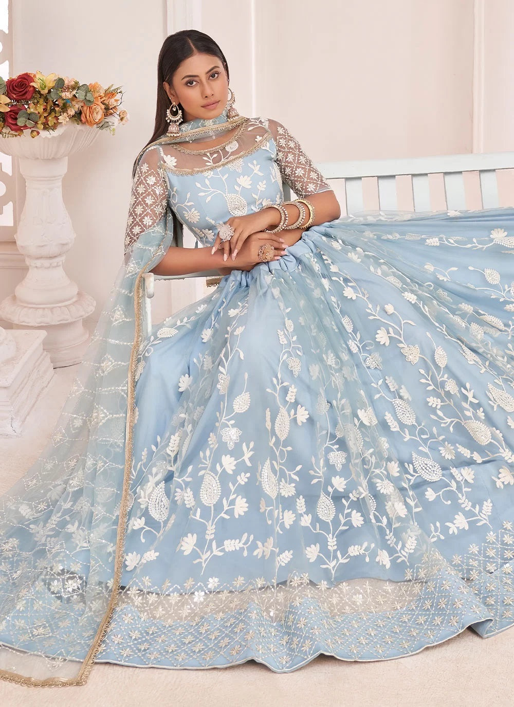 Aqua Blue Net Embroidered Trendy Lehenga Choli