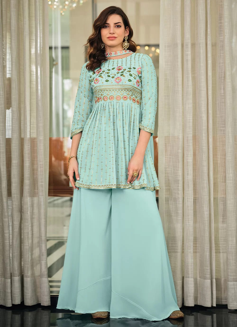 Aqua Blue Trendy Ethnic  Palazzo Salwar Suit