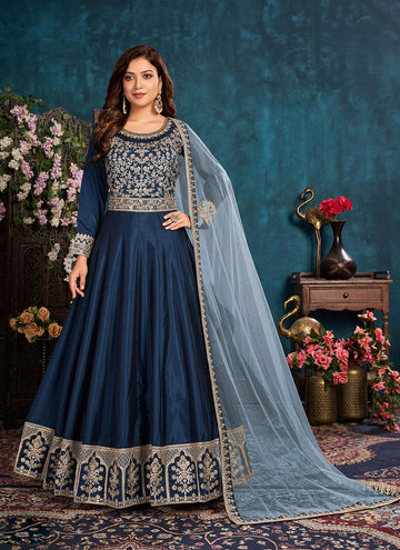 Art Silk Embroidered Floor Length Designer Suit In Morpeach