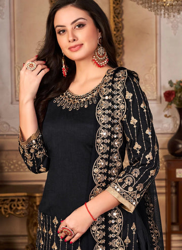 Art Silk Embroidered Patiala Salwar Suit In Black