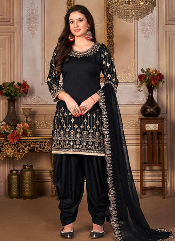 Art Silk Embroidered Patiala Salwar Suit In Black