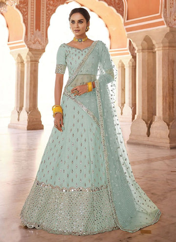 Art Silk Fabric Lehenga With Real Mirror Work In Turquoise Color