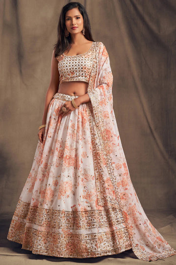 Beautiful White & Orange Zari Embroidery Organza Occasional Wear Semi Stitched Lehenga