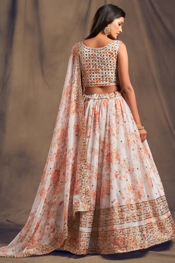 Beautiful White & Orange Zari Embroidery Organza Occasional Wear Semi Stitched Lehenga