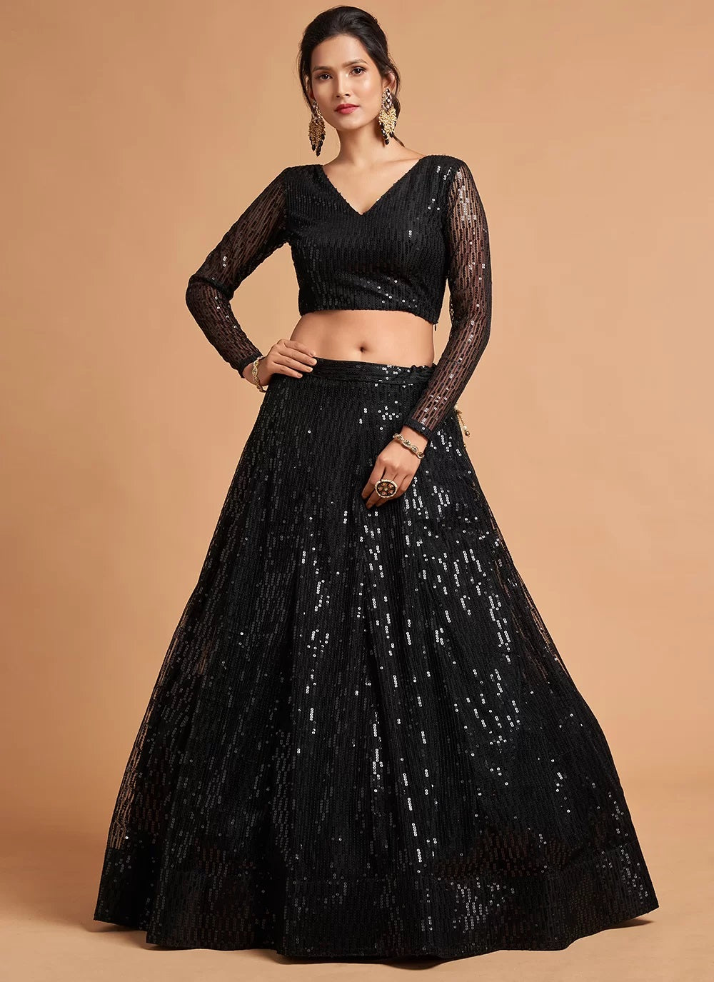 Black Ceremonial Net A Line Sequins Lehenga Choli